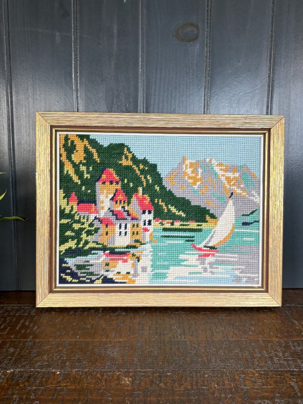 Vintage Sail Boat Needlepoint on Alpine Mountain Lake Scene with Castle